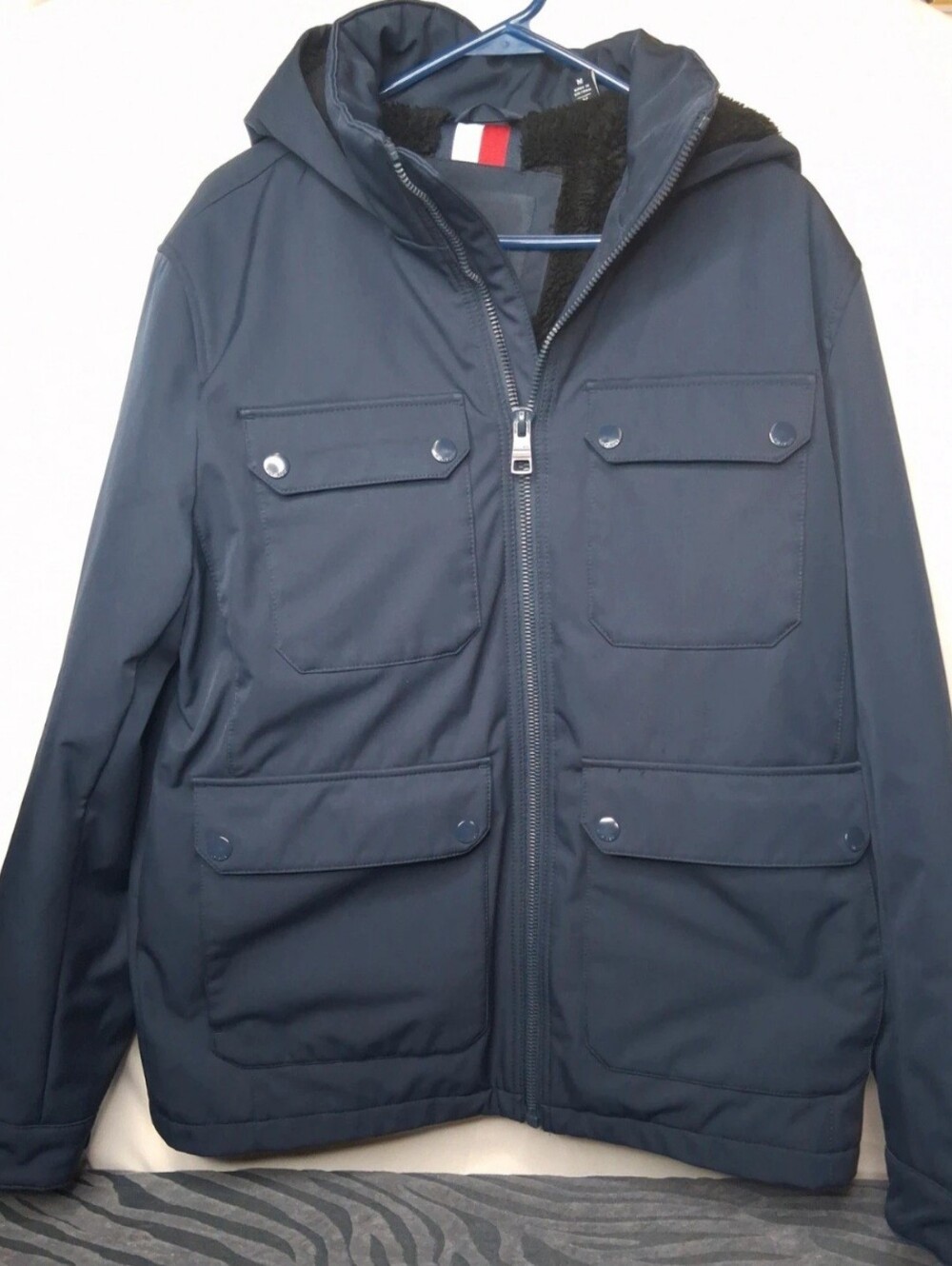 Tommy Hilfiger Navy Hooded Sherpa Lined Utility Jacket Mens Med